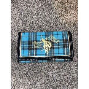 S. Polo Assn Y2K Blue Tartan Plaid Tri Fold Checkbook Wallet Gold Logo
